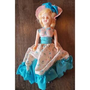 1950s Sleepy Eye Southern Belle Hard Plastic Doll 7" Blue Floral Dress Pink Hat